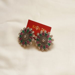 green and pink floral stud earrings | traditional silver jewelry karra de