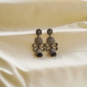 floral bow oxidised jhumki earrings | karra de jewellery