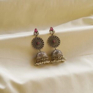 pink stone radiant disk jhumka earrings | karra de jewellery
