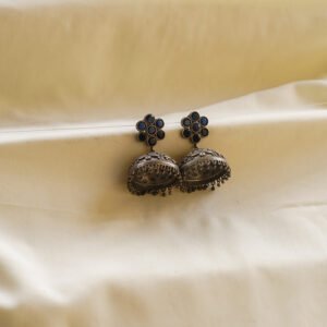 blue stone floral oxidised jhumkas | karra de jewellery