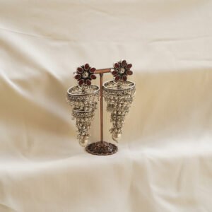 red stone floral oxidised heavy jhumka earrings | karra de jewellery
