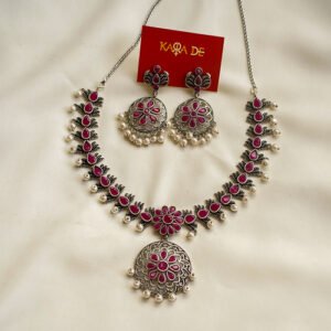 pink floral pearl oxidised necklace set | karra de jewellery