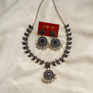 classic black stone oxidised pearl drop necklace set | karra de oxidised jewellery collection