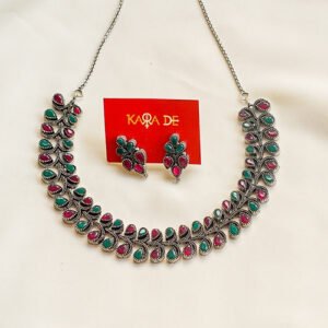 traditional emerald ruby teardrop oxidised necklace set | karra de oxidised jewellery collection